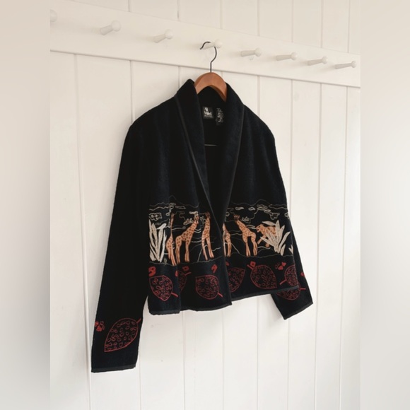 Ali Miles Embroidered Jacket Wool Animals Giraffes Artsy Art Teacher Unique - Picture 5 of 16